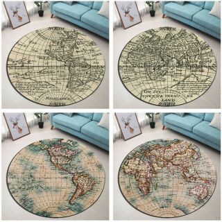 Round Floor Mat Bedroom Living Room Area Rugs Carpet Vintage World Map Pattern