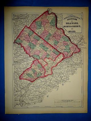 Vtg 1872 Atlas Map Pennsylvania Delaware - Montgomery & Bucks Co.  S&h