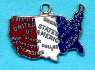 Vintage Wells Sterling Silver Enamel United States Map Charm - God Bless America