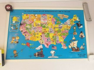Vintage Cartoon Map (30 " X 20 ") Of Usa Charlie Brown Peanuts 1992 Metlife