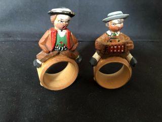 Two (2) Vintage Wood Carved Napkin Rings W/ Movable Heads