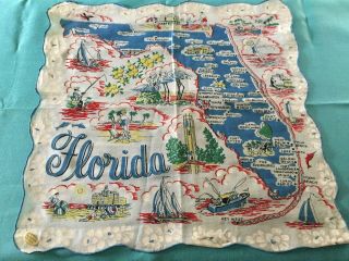 Vtg Florida State Map Cotton Handkerchief W/label 13.  4 " Sq Blue Scalloped Edge