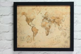 World Map Antique Style Framed Cork Pin Board Includes Pins