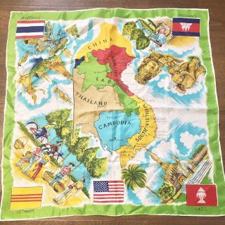 Vintage Vietnam War Souvenir Scarf Map Indochina Laos Combodia Vietnam Republic
