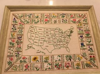 Vintage Paragon Usa State Flower Map Completed Embroidery Framed