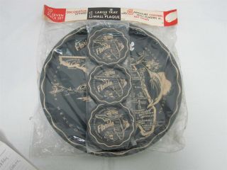 Vtg Toleware Metal 11 " Round Tray With Map Of Florida W 6 Matching Coasters