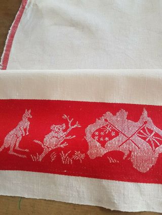 Vtg White Irish Linen Australiana Tea Towel W Kangaroo - Koala - Map - Lyerbird & Emu