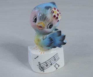 Vintage Ceramic Blue Song Bird On Stand W/music Notes Salt/pepper Shaker