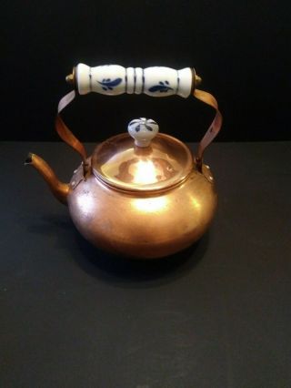 Vintage Copper Tea Kettle With Blue And White Ceramic Handle