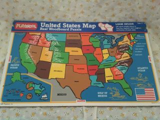 Vintage Playskool Inlaid Wood Board Map Puzzle Of United States 1985 Made In Usa