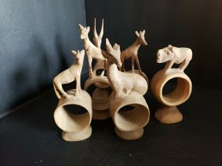 Six Vintage Hand Carved Wooden African Animal Napkin Rings