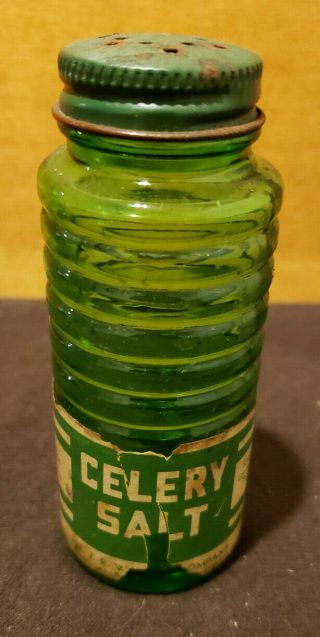 Vintage Celery Salt Green Glass Container Shaker