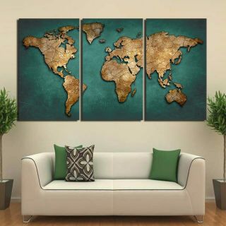 Vintage World Map Continent 3 Piece Canvas Wall Art Picture Painting Home Decor
