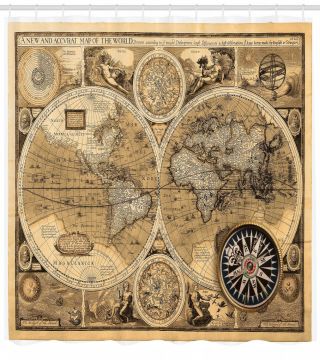 World Atlas Historical Map Compass Vintage Home Decor Picture Shower Curtain Set