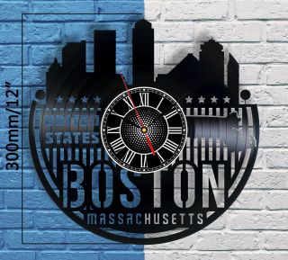 Massachusetts Boston City Vinyl Record Wall Clock Skyline Home Decor Vintage Map
