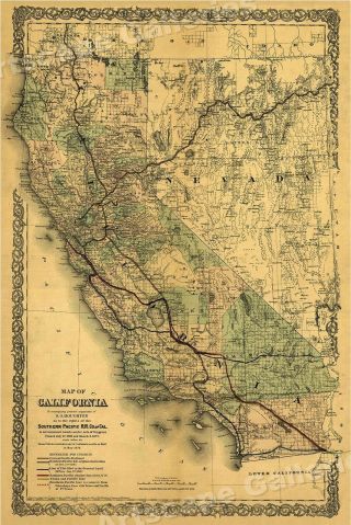 1876 Map Of California And Southern Pacific Railroad - 24x36