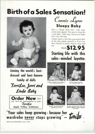 1955 Paper Ad Terri Lee Dolls Connie Lynn Sleepy Baby Doll Apple Valley Calif