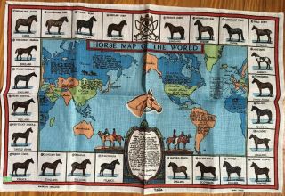 Vintage Ulster Horse Map Of The World Irish Linen Tea Towel Appx 31 X 20 "