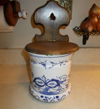 Vintage Stoneware Blue Onion Style Wall Hanging Salt Box