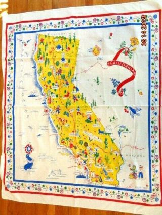 Vintage California Map Table Cloth Signed: Margaret Newport 44 " X52 "
