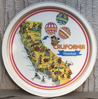 Vintage Disneyland California State Map Souvenir Metal Tin Round Serving Tray