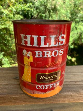 VTG Hills Bros Coffee Can Tin 2lb Empty Container Rusty Inside & Out 6.  5 