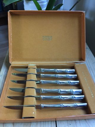 Vintage Supreme Cutlery Set Of 6 Fruit Knives,  Retro Bamboo Handles