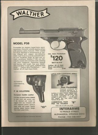 1970 Walther Model P38 9mm Parabellum Pistol Handgun Interarms Vintage Print Ad