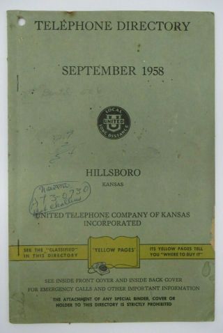 Vintage 1958 Hillsboro,  Kansas Telephone Directory Phone Book Yellow Pages
