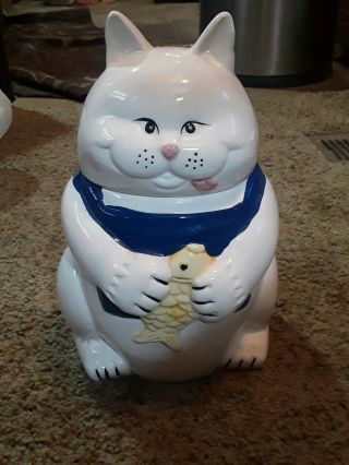 Vintage Montgomery Ward White Cat With Fish Ceramic Cookie Jar
