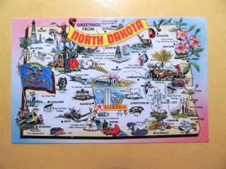Greetings From North Dakota State Map Vintage Postcard State Flag Bird Flower