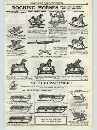 1922 Paper Ad King Of The Hill Snow Sleds Galloping Toy Horse Shoofly Rocking