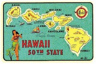 Hawaii - 50th State - Vintage Style Travel Decal Sticker Map Flag Honolulu Maui