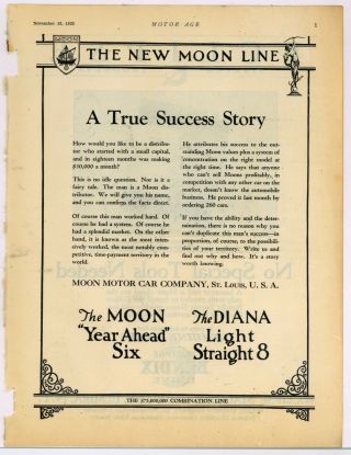 1925 Moon Motor Car Co.  Ad: " A True Success Story.  " - W/ Diana - St.  Louis,  Mo
