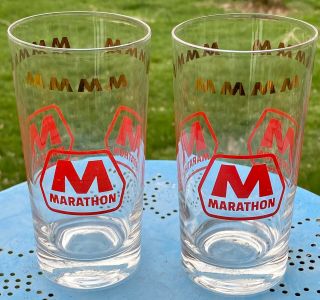 2 Vintage Marathon Oil/gas Station Drinking Glass Great Color Near