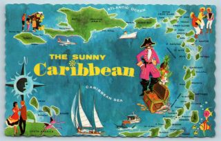 Postcard Map Of Islands In The Sunny Caribbean Pirate Treasure Chest Vintage X4