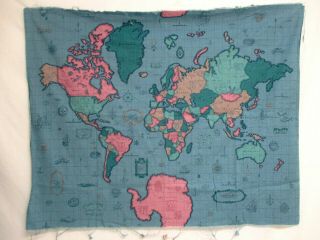 Vintage Cotton Fabric Panel World Map Oceans Continents 43 X 35