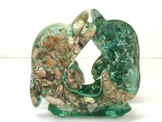Vintage Abalone Shell In Lucite Acrylic Turquoise Dolphin Napkin Letter Holder