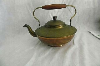 Mid Century Modern Copper & Brass Tea Kettle With Wood Handle