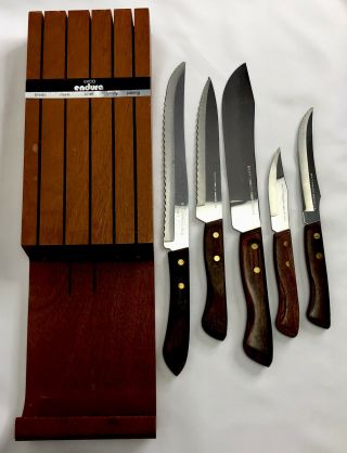 Vtg Ekco Endura Wooden Knife Holder 5 Vanadium Stainless Knives Wall Or Drawer