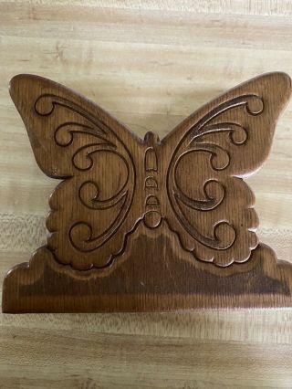 Vintage 1980s Wood Butterfly Napkin Letter Mail Holder Wooden Art Deco