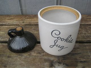 Vintage MONMOUTH Cookie Jar Whiskey Jug Cork Top Maple Leaf Stoneware USA Made 2