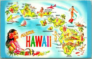 Vintage Hawaii State Map Postcard 8 Islands / Comic Drawings / 1985 Cancel