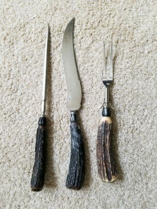 Vintage Universal Stag Handle Carving Set Knife Fork Sharpener 3 Pc