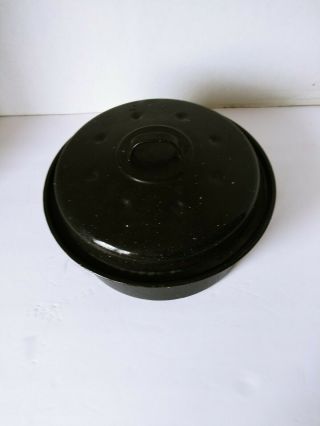 BLACK SPECKLED ENAMEL/GRANITEWARE ROUND ROASTING PAN WITH LID - VINTAGE - UNMARKED 2
