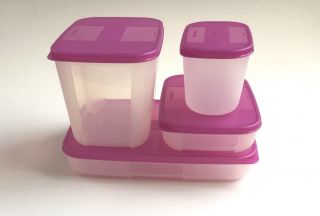 Vintage Tupperware Freezer Mates Set Of 4 Deep,  Shallow Purple Raspberry Exc/vg