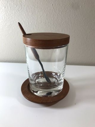Vintage Mid Century Modern Denmark Glass Condiment Seasoning Jar Teak Wood Lid