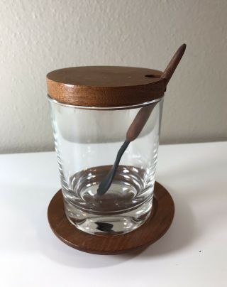 Vintage Mid Century Modern Denmark Glass Condiment Seasoning Jar Teak Wood Lid 3