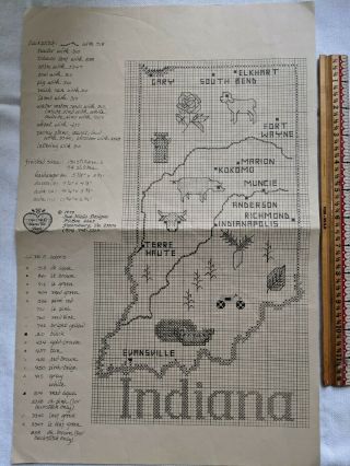 Vintage Indiana State Map Counted Cross Stitch Pattern Sue Hillis 1979