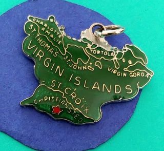 Sterling Silver Vintage Bracelet Charm D72 Enamel Virgin Islands Map
